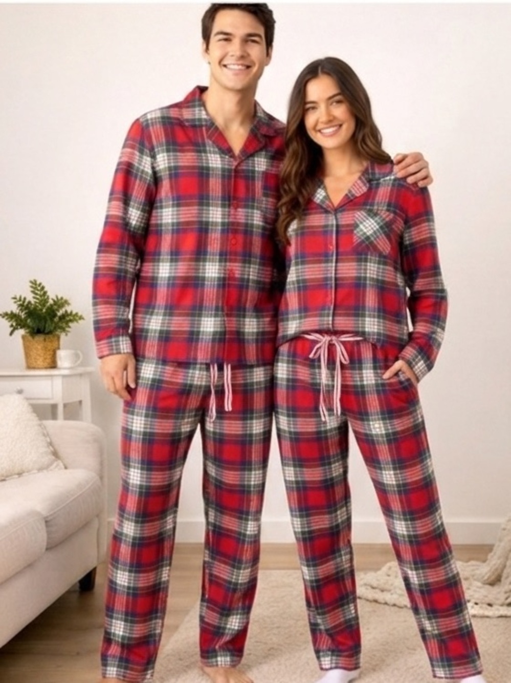 Sleep Sense Women's 2-Piece Pajama Set Flannel Red Plaid Sleep Shirt Pants Sz M